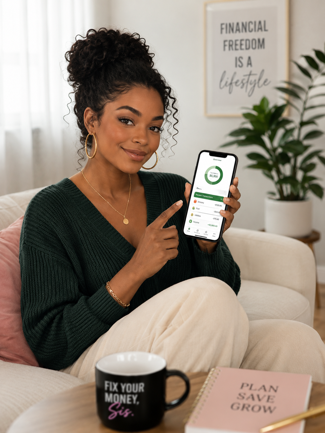 A woman relaxing on her couch, smiling as she checks a simple money plan on her phone.